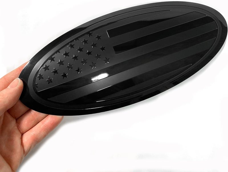 eVerHITCH 9.5 inch Overlay Front Grille Tailgate Rear Aluminum Oval American Black Flag Emblem for F150 2015-2021 (Black, 9.5") - Image 1